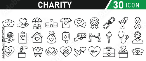Charity and Donation icon set. Help, volunteer, donated, assistance, sharing and solidarity symbol. Liner icons vector collection for web.