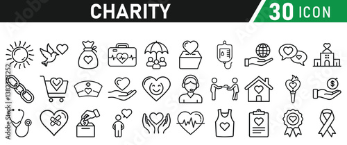 Charity and Donation icon set. Help, volunteer, donated, assistance, sharing and solidarity symbol. Liner icons vector collection for web.