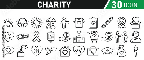 Charity and Donation icon set. Help, volunteer, donated, assistance, sharing and solidarity symbol. Liner icons vector collection for web.
