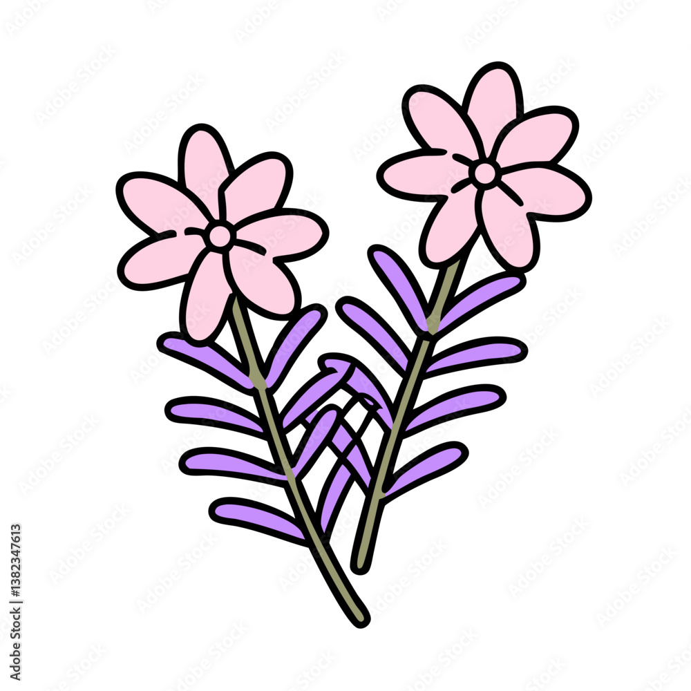 Obraz premium Pink Flowers, Purple Leaves, Simple Floral Design, Cute Botanical Illustration, Hand Drawn, VShaped 