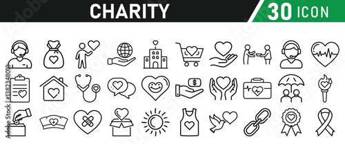 Charity and Donation icon set. Help, volunteer, donated, assistance, sharing and solidarity symbol. Liner icons vector collection for web.