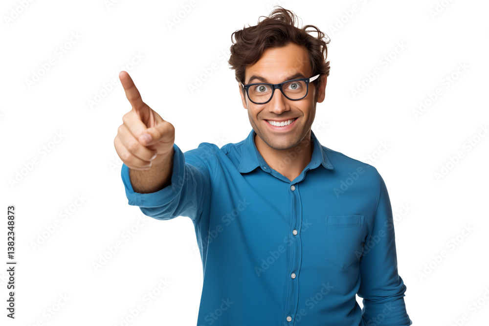Man with glasses pointing with a smile wearing a blue shirt against a looking forward on transparent background png Man with glasses pointing with a smile wearing a blue shirt against a looking forward on transparent background png