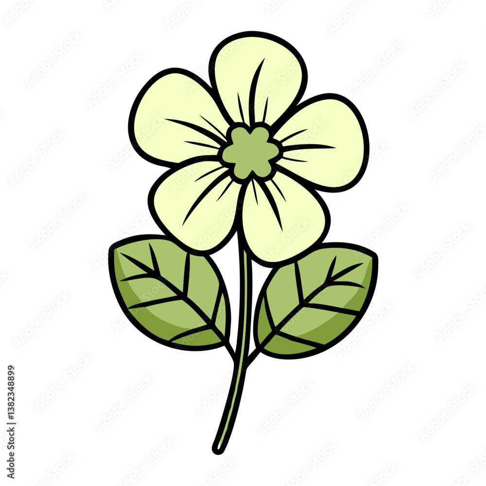 Simple FivePetal Flower Illustration with Green Leaves and Stem Simple FivePetal Flower Illustration with Green Leaves and Stem