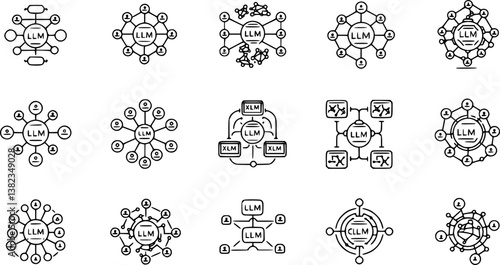 set of LLM or large language model with neural networks line art vector icon for apps and websites
