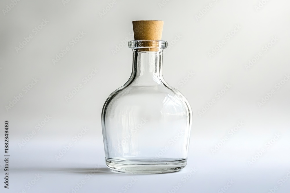 Clear glass bottle with cork stopper placed on a white background, ideal for product photography Clear glass bottle with cork stopper placed on a white background, ideal for product photography