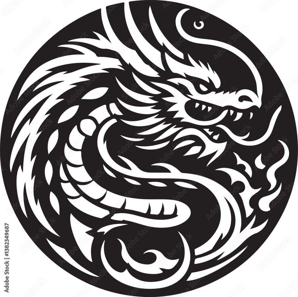 Naklejka premium Abstract black round dragon in a circular form with ink splatter isolated on white background,