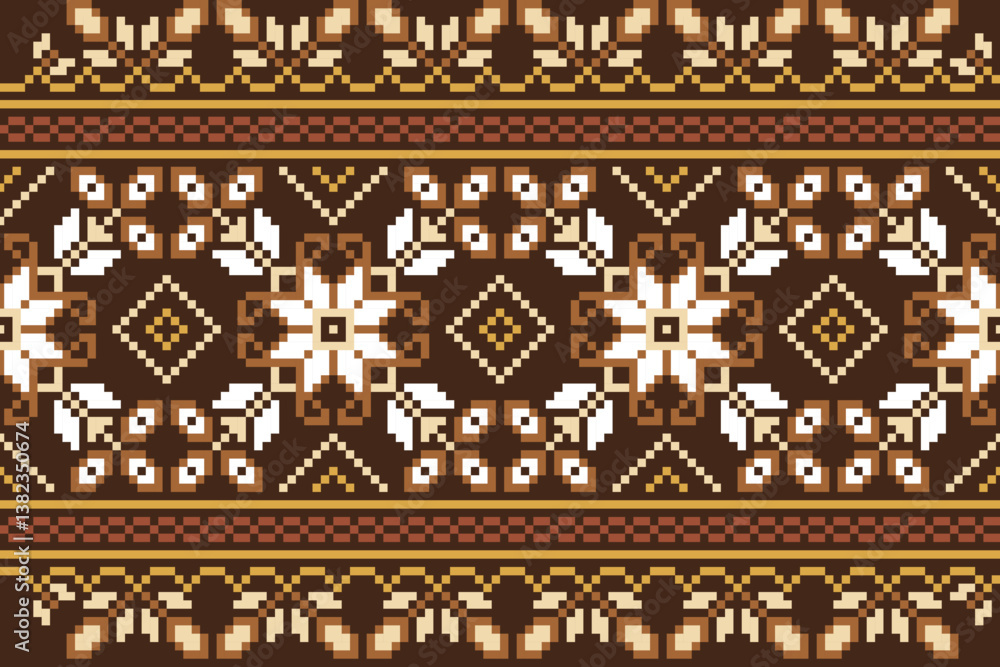 Ethnic abstract pixel art.Fabric seamless pattern in tribal.Bright Pixel Art Fabric Pattern with Geometric Square.American,mexican,indian,bohemian,vector,fabric,clothing,carpet,textile,wrapping,batik