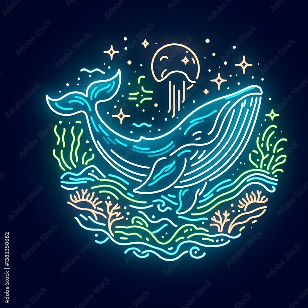 Obraz premium 고래, 네온사인 아트, jpeg (whale, neon sign art, jpeg)