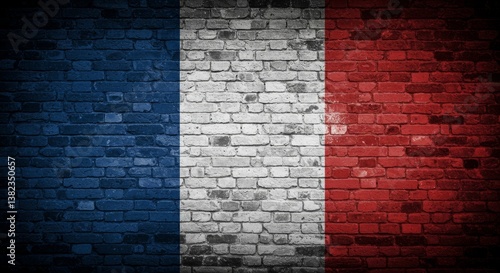 Distressed brick wall featuring a weathered spray-painted French flag mural