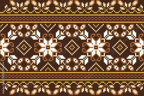 Ethnic abstract pixel art.Fabric seamless pattern in tribal.Bright Pixel Art Fabric Pattern with Geometric Square.American,mexican,indian,bohemian,vector,fabric,clothing,carpet,textile,wrapping,batik