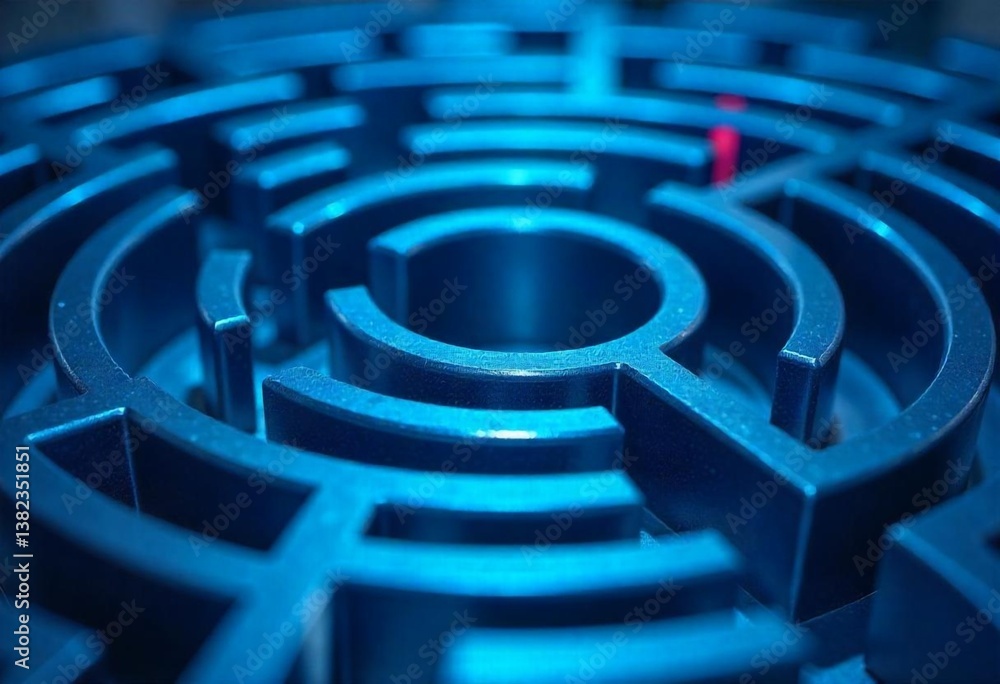 Futuristic blue maze close-up with circular pattern, 3D metallic design, tech and innovation concept. Futuristic blue maze close-up with circular pattern, 3D metallic design, tech and innovation concept.