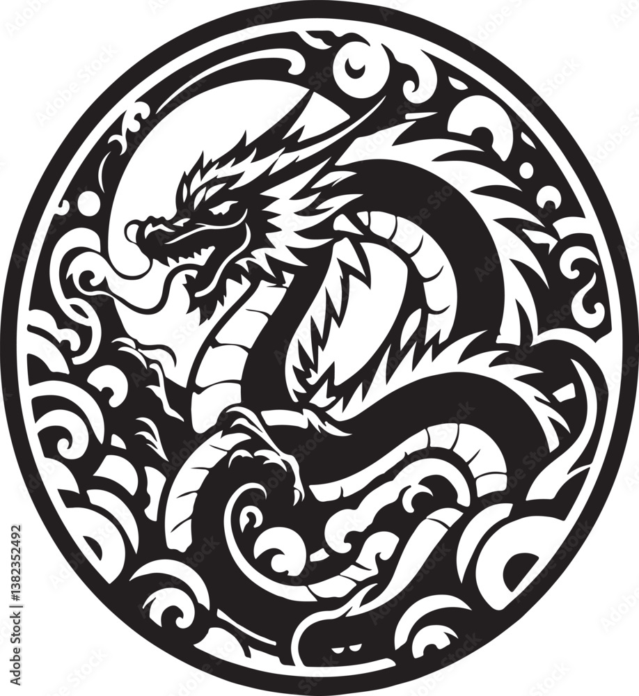 Naklejka premium Abstract black round dragon in a circular form with ink splatter isolated on white background,