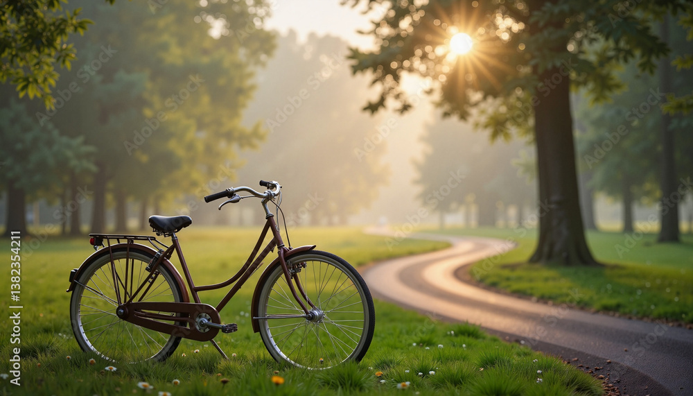 Obraz premium Vintage bicycle in misty park during dawn, serene tranquility