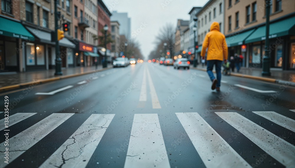Lone pedestrian in yellow raincoat crossing rainy city street, urban solitude Lone pedestrian in yellow raincoat crossing rainy city street, urban solitude