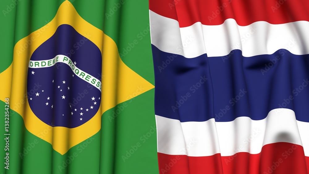 Fototapeta premium Flags of BRAZIL and THAILAND with realistic cloth texture