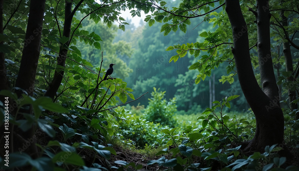 Obraz premium Lone bird perched in lush woodland during rain, nature's tranquility