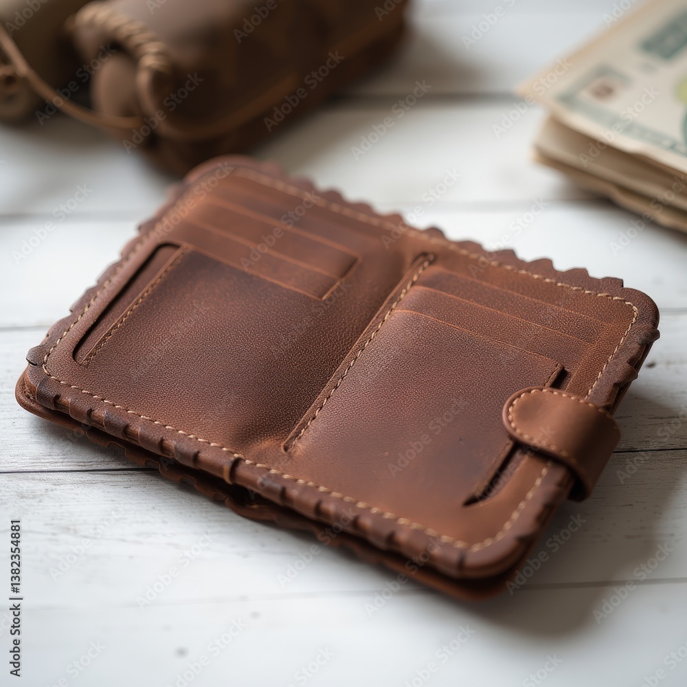 Brown leather wallet with cards and cash on wooden surface Brown leather wallet with cards and cash on wooden surface