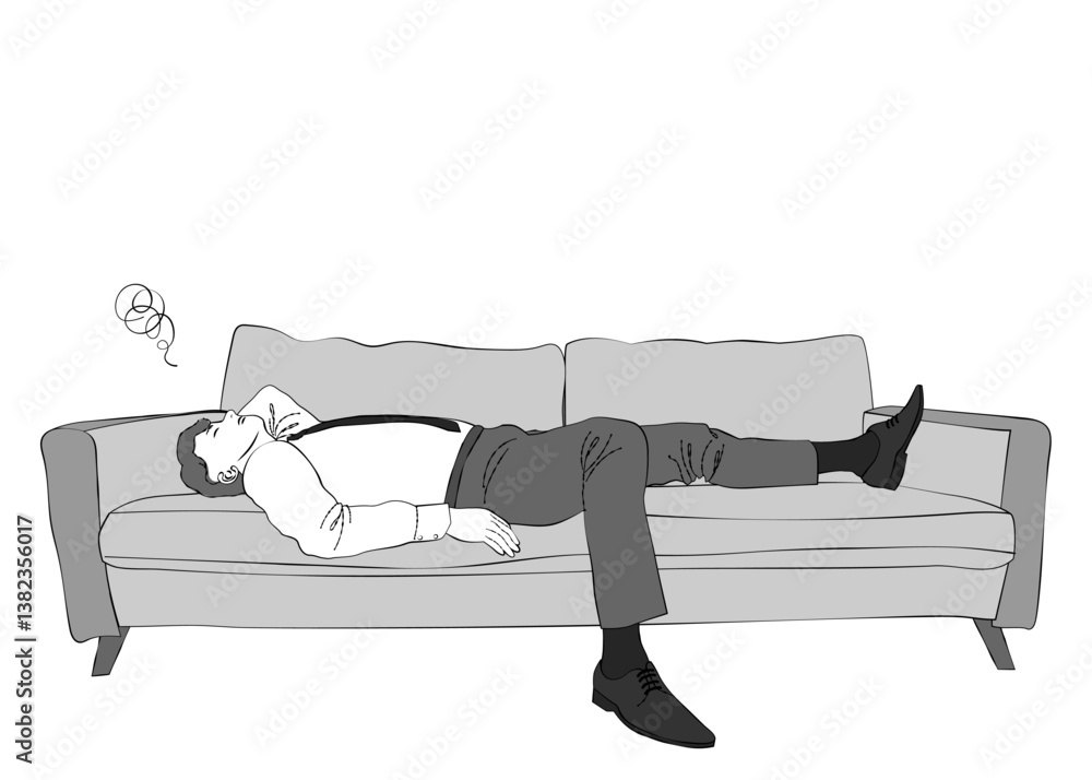 ソファで寝落ちする疲れたサラリーマン男性のイラスト 全身横向き 横顔