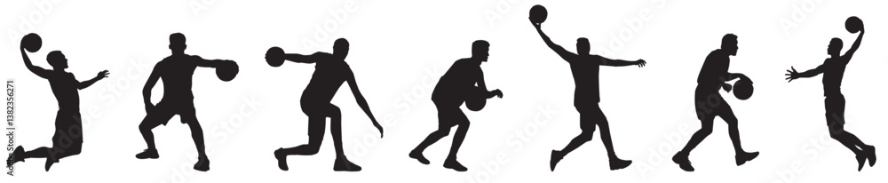 set of basketball player silhouette. Basketball player in various poses. 
