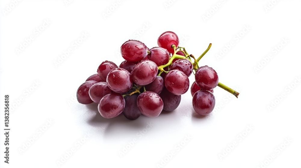 Fresh and juicy red grapes arranged on a clean white surface showcasing their vibrant color and water droplets, isolated on white background Fresh and juicy red grapes arranged on a clean white surface showcasing their vibrant color and water droplets, isolated on white background