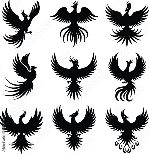 Phoenix Bird Silhouette | Legendary Rebirth and Flame Bird Illustration Phoenix Bird Silhouette | Mythical Firebird and Fantasy Creature Vector