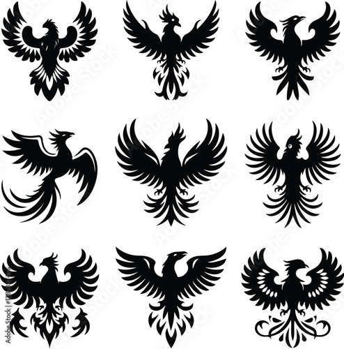 Phoenix Bird Silhouette | Legendary Rebirth and Flame Bird Illustration Phoenix Bird Silhouette | Mythical Firebird and Fantasy Creature Vector