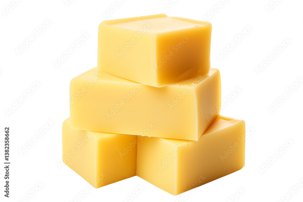 A stack of three yellow cheese cubes isolated on a in a studio setting on transparent background png A stack of three yellow cheese cubes isolated on a in a studio setting on transparent background png