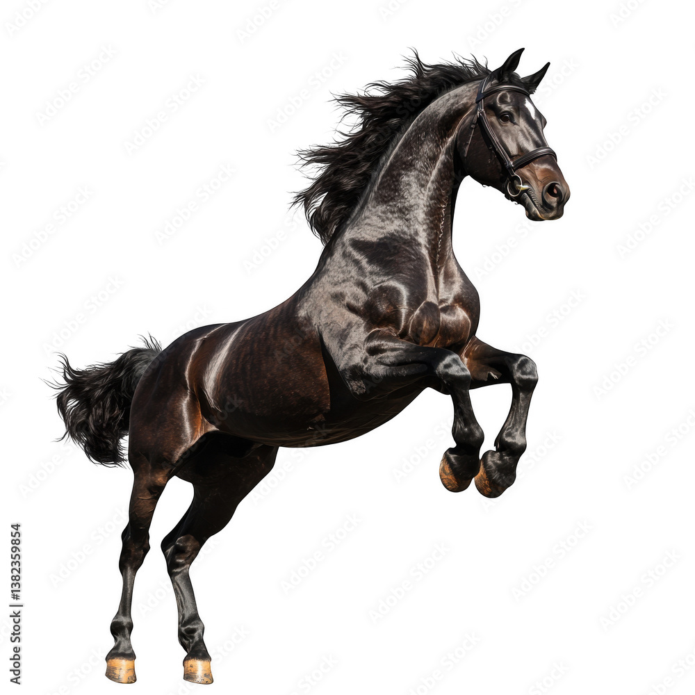 Fototapeta premium A majestic dark horse rearing up on its hind legs against a stark black studio background image view