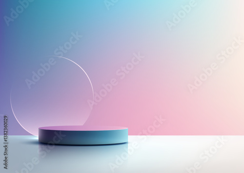 minimalist 3d display stand mockup with blue round platform and glass circle on gradient background product showcase