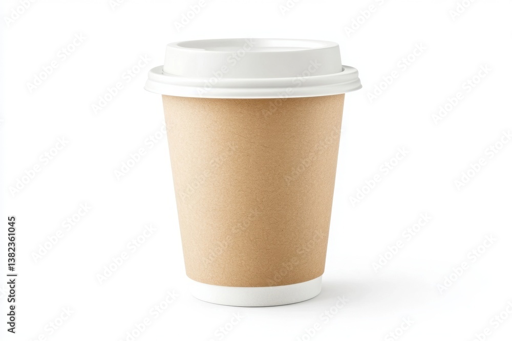 Disposable paper cup with white lid on white background for takeaway branding and eco packaging Disposable paper cup with white lid on white background for takeaway branding and eco packaging