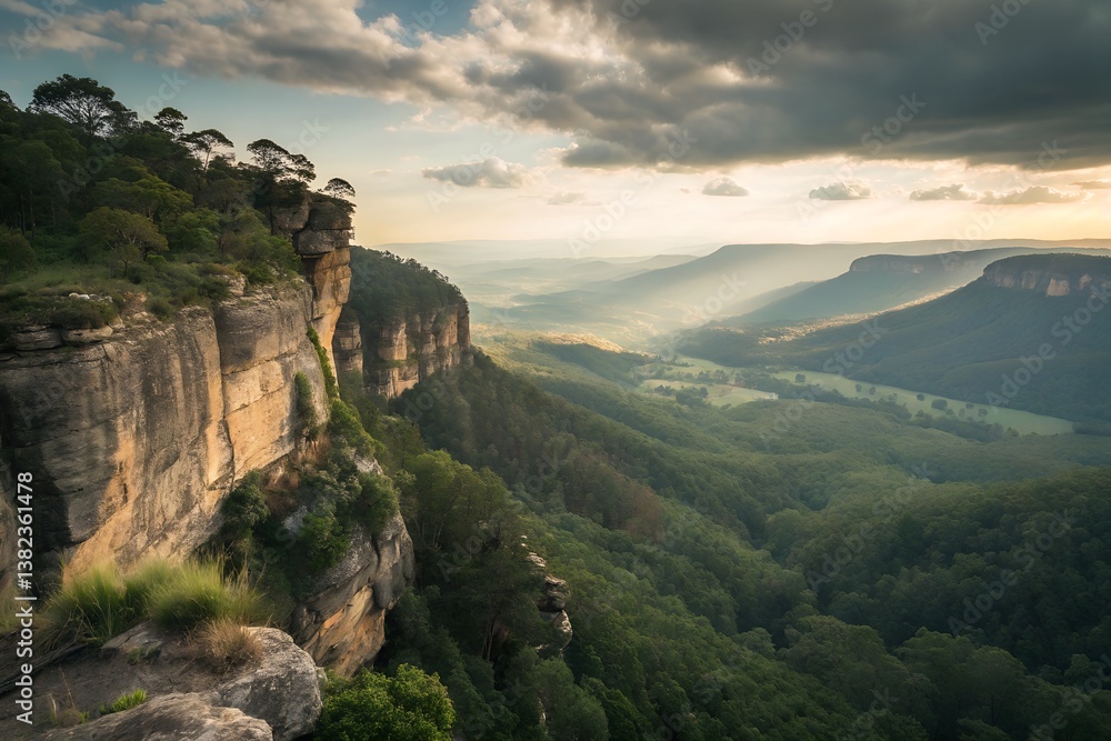 dramatic cliff overlooking lush valley with dense forest, rolling hills, and sunlit clouds casting shadows
dramatic cliff overlooking lush valley with dense forest, rolling hills, and sunlit clouds casting shadows