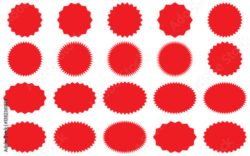 Starburst sale price stickers and labels, star and rosette, sunburst, callout and splash,
 stamp and tag badges. Isolated vector circle and oval red stickers