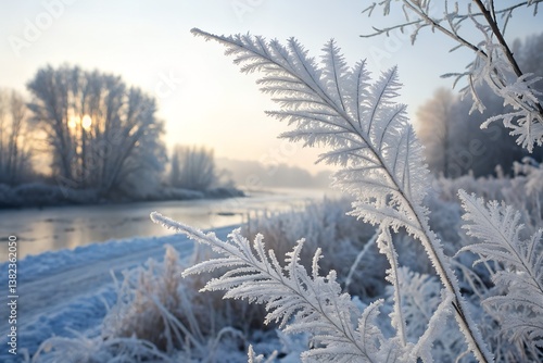 frosty winter scene with sunlit river, intricate ice-covered plants, and tree-lined banks in tranquil natural setting
