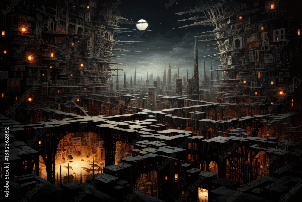 In a dimly lit cybernetic landscape, chaotic structures and orderly designs coexist, revealing a futuristic cityscape with towering spires and illuminated pathways under a luminous moon In a dimly lit cybernetic landscape, chaotic structures and orderly designs coexist, revealing a futuristic cityscape with towering spires and illuminated pathways under a luminous moon