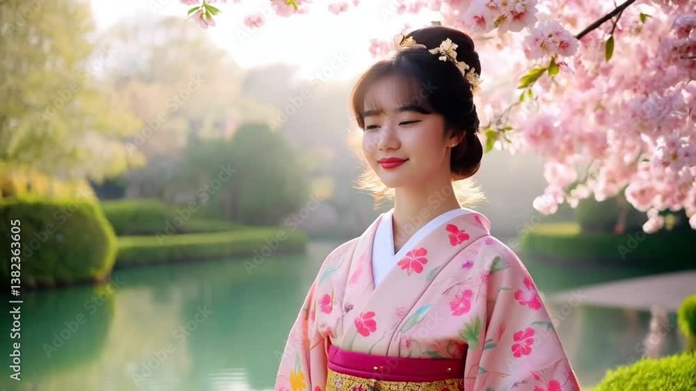 Serene Woman in Floral Kimono, Blossoming Cherry Trees, Tranquil Garden Reflections. Serene Woman in Floral Kimono, Blossoming Cherry Trees, Tranquil Garden Reflections.