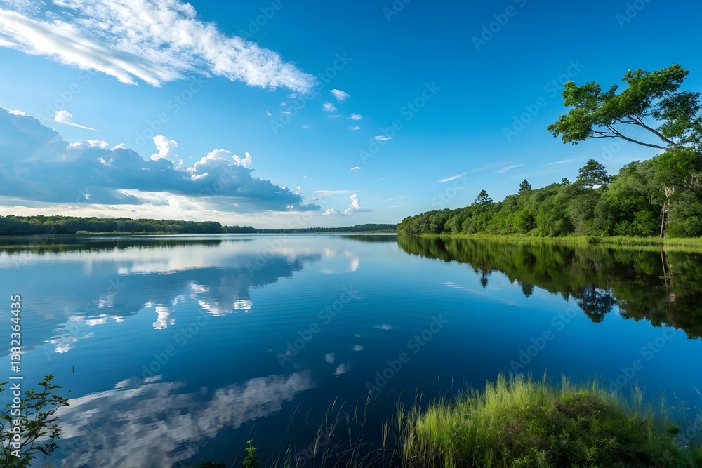 tranquil lake reflecting blue sky and lush forest with grassy foreground and scattered clouds
tranquil lake reflecting blue sky and lush forest with grassy foreground and scattered clouds