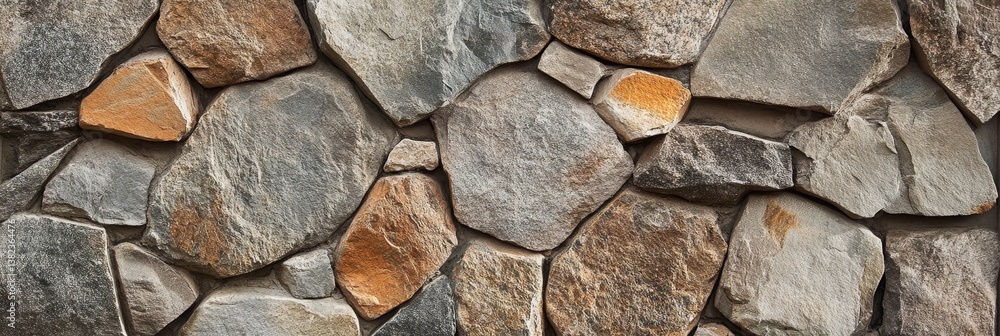 Obraz premium A wall constructed of irregularly shaped stones in shades of