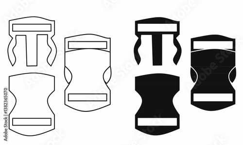 Top view car seat buckle icon set. Black and white vector illustration, ideal for automotive safety, seatbelt designs, apps, and web. Includes outline and solid styles.