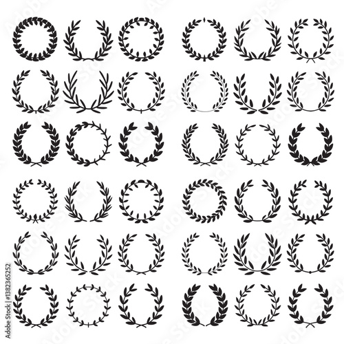 Set of vector laurel icon, large silhouette wreath set.