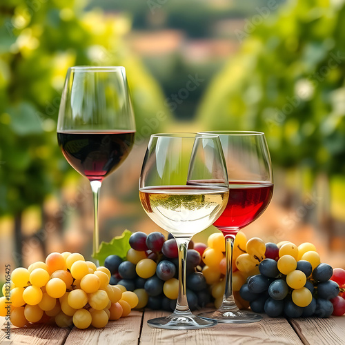 Wallpaper Mural Generative AI illustration of Glasses of red and white wine and ripe grapes on table in blurred vineyard Torontodigital.ca