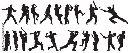 Cricket player silhouette collection set. Bowler, batsman, fielder and wicket keeper. 