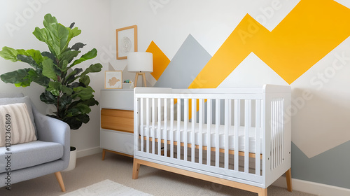 modern nursery featuring white crib, stylish furniture, and colorful wall art creates warm and inviting atmosphere