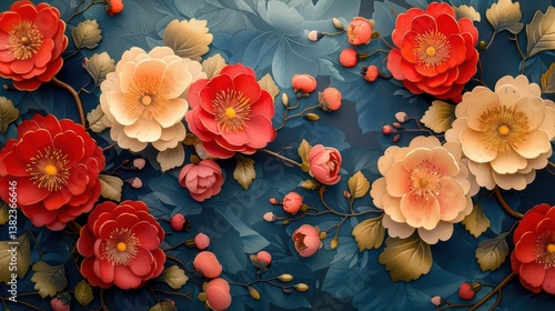 Wallpaper Mural A vibrant floral pattern featuring various peonies and leaves in rich colors. Torontodigital.ca