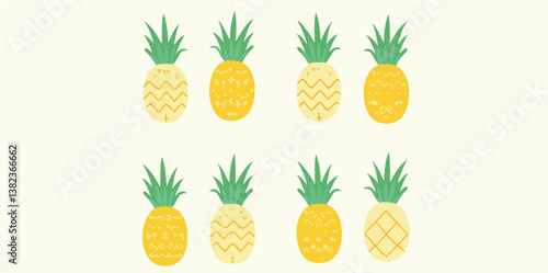 eight uniquely designed pineapples with varying