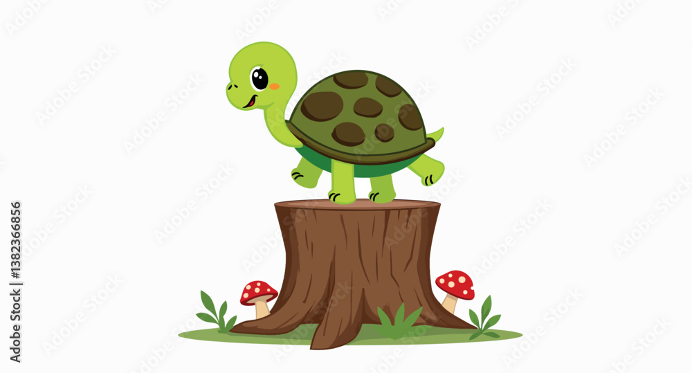 cheerful green turtle sits on a tree stump cheerful green turtle sits on a tree stump
