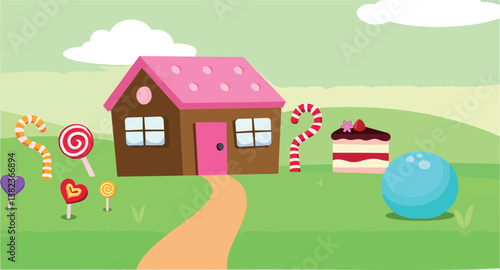 charming brown house with pink roof surrounded by lollipops and candy canes in a cheerful green landscape