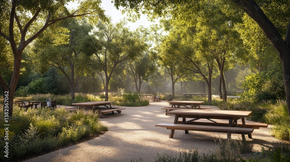 Obraz premium Sunny park scene with picnic tables and lush greenery, calm atmosphere. Suitable for nature, recreation, or outdoor activities themed designs.