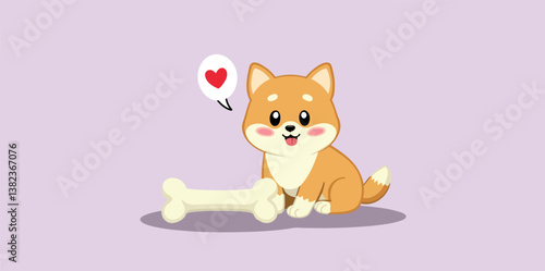 cheerful shiba inu puppy sits with a bone expressing joy.