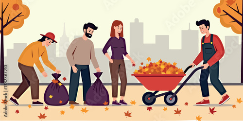 four smiling people cheerfully gather and remove autumn leaves in a city park