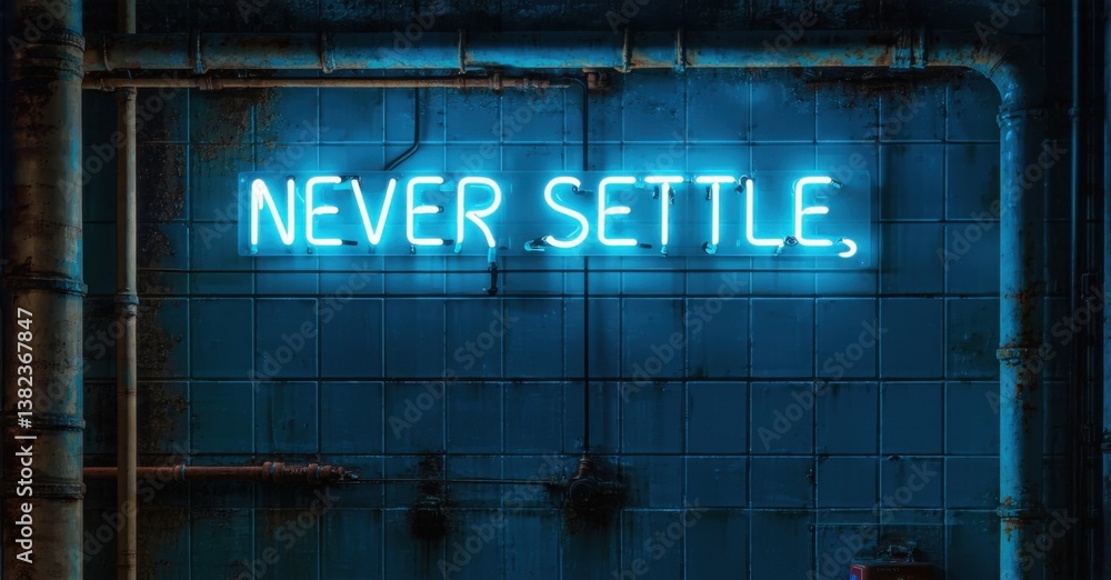 Fototapeta premium Bold never settle sign in thick white neon with light blue shadows glowing against dark industrial tiles with exposed wires and rust